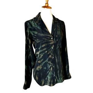Rails 100% Silk Tie-Dye Blouse – Green & Brown Long Sleeve Button Down, Size M
